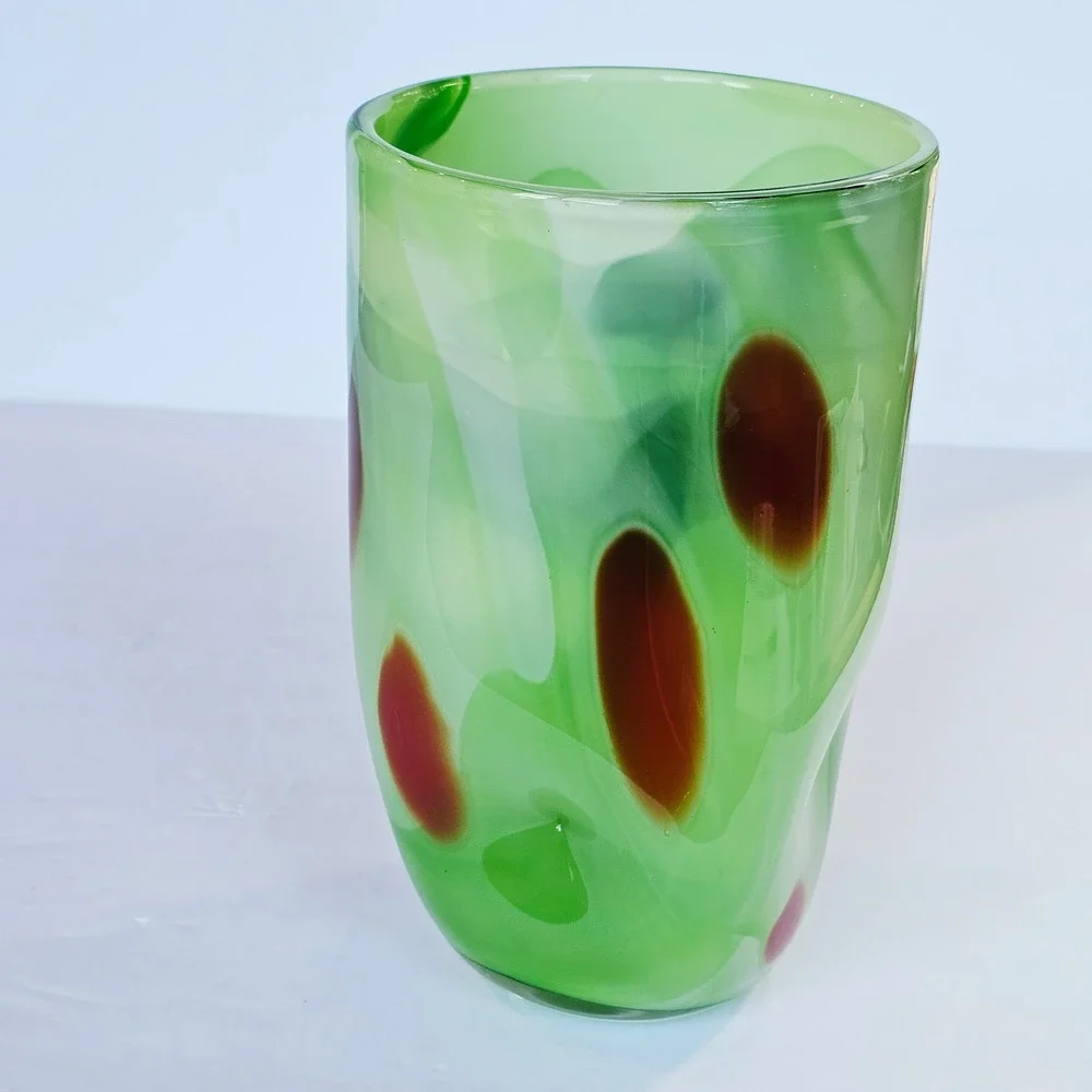 Vintage MCM Hand Blown Art Glass Vase Green Swirl Red Spotted Eclectic Artistic